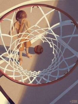 1boy absurdres artist_name ball basketball_(object) basketball_hoop brown_hair commentary dark-skinned_male dark_skin english_commentary highres kel_(faraway)_(omori) kel_(omori) male_focus minpupunkun omori orange_shoes orange_shorts shoes short_hair shorts sneakers solo standing twitter_username