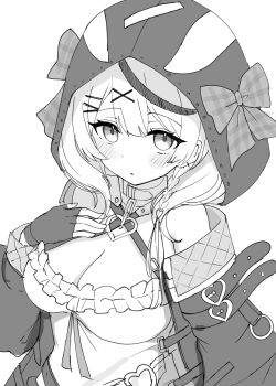 1girl animal_collar animal_hood bare_shoulders bow bowtie braid breasts camisole cleavage collar commentary_request fingerless_gloves frilled_camisole frills gloves greyscale hair_ornament hairclip hand_on_own_chest hand_up highres hololive hood jacket large_breasts long_sleeves looking_at_viewer medium_hair monochrome multicolored_hair multiple_arm_straps off-shoulder_jacket off_shoulder open_clothes open_jacket orca_hood parted_lips sakamata_chloe sakamata_chloe_(1st_costume) shinonome_shino_(artist) simple_background solo streaked_hair upper_body virtual_youtuber white_background x_hair_ornament