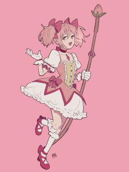 Rule 34 | 1girl, absurdres, bow, bow (weapon), choker, commentary request, dress, frilled socks, frills, full body, gloves, highres, holding, holding bow (weapon), holding weapon, kaname madoka, kaname madoka (magical girl), magical girl, mahou shoujo madoka magica, mahou shoujo madoka magica (anime), mochitose aguri, open mouth, pink background, pink bow, pink choker, pink dress, pink hair, pink theme, puffy short sleeves, puffy sleeves, red shoes, shoes, short sleeves, short twintails, signature, simple background, socks, solo, soul gem, square neckline, twintails, weapon, white gloves, white socks