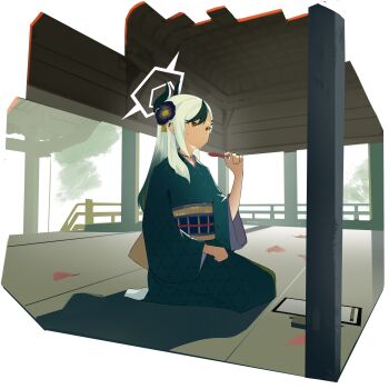 1girl absurdres architecture asymmetrical_bangs autumn_leaves black_choker black_flower black_hair black_horns black_kimono black_sash blue_archive breasts bright_pupils choker clenched_hand clipboard closed_mouth demon_horns dot_mouth earclip east_asian_architecture eyelashes flower full_body gradient_hair grey_halo hair_behind_ear hair_flower hair_ornament hairclip halo highres holding holding_leaf horns japanese_clothes kayoko_(blue_archive) kayoko_(new_year)_(blue_archive) kimono leaf long_hair long_sleeves multicolored_hair no_mole obi official_alternate_costume official_alternate_hairstyle outdoors perspective red_eyes sash seiza sitting small_breasts socks solo streaked_hair tatami temple toriko_(honmono) two-tone_hair unmoving_pattern white_background white_hair white_pupils white_socks wide_sleeves yellow_flower yellow_sash yukata