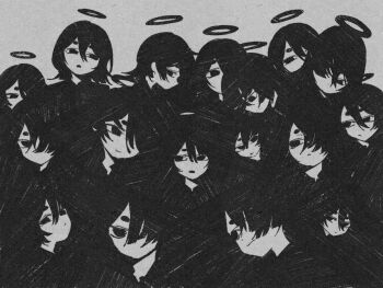 6+girls asymmetrical_bangs black_hair black_halo colored_skin commentary confused daruma_karei english_commentary expressionless greyscale halo headshot highres limited_palette looking_at_another looking_at_viewer looking_to_the_side monochrome multiple_expressions multiple_girls multiple_persona no_mouth original simple_background smile smug unhappy white_skin