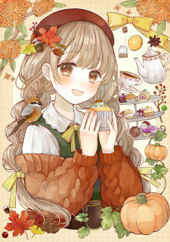 1girl acorn arm_warmers autumn autumn_leaves bakery bird braid brown_eyes brown_hair brown_sweater cake cake_slice candy chocolate_icing cupcake dessert falling_leaves food food_focus ginkgo_leaf highres icing leaf macaron maple_leaf original pastry pinecone plant pumpkin shop sparrow sweater sweets tart_(food) tea tea_party tententuyu tiered_tray vines