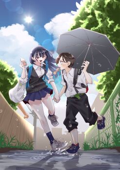 1boy bag black_hair black_pants black_sweater_vest blue_shoes blue_skirt blue_socks blush boku_no_kokoro_no_yabai_yatsu brown_eyes chain-link_fence cloud cloudy_sky collared_shirt fence food food_in_mouth full_body hetero highres holding holding_food holding_hands ice_cream lens_flare long_hair looking_at_another miniskirt official_art open_mouth outdoors pants pants_rolled_up plastic_bag pleated_skirt profile puddle road sakurai_norio sanpaku school_uniform second-party_source shirt shoes short_hair skirt sky smile sneakers socks standing standing_on_one_leg summer_uniform sun sweater_vest thighs umbrella white_shirt white_shoes wooden_fence yamada_anna