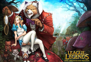 1boy 1girl absurdres aged_up alice_(alice_in_wonderland) alice_(alice_in_wonderland)_(cosplay) alice's_adventures_in_wonderland amumu animal_ears annie_(league_of_legends) bear blonde_hair blue_eyes blue_nails bow bowtie breasts chain cherrylich cleavage copyright_name cosplay daeho_cha dress frilled_dress frills hair_bow helmet highres jacket league_of_legends mary_janes medium_breasts mummy mushroom nail_polish pocket_watch ponytail puffy_short_sleeves puffy_sleeves rabbit_ears rammus realistic shoes short_sleeves suit_jacket teemo thighhighs tibbers watch white_rabbit_(alice_in_wonderland) white_rabbit_(cosplay) white_thighhighs