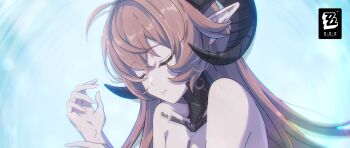 Rule 34 | 1girl, closed eyes, closed mouth, cyborg, dragon girl, dragon horns, hair down, highres, horns, long hair, lying, nude, official alternate hairstyle, official art, orange hair, orphie magnusson, pointy ears, sleeping, upper body, zenless zone zero