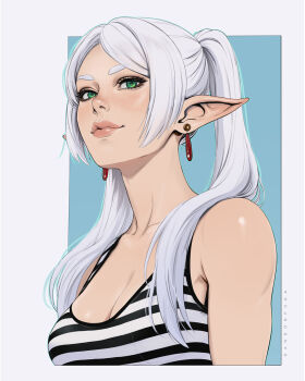 1girl armpits artist_name bare_shoulders blush breasts cleavage collarbone commentary dandon_fuga earrings elf english_commentary frieren green_eyes highres jewelry lips long_hair looking_ahead medium_breasts meme parted_bangs pointy_ears sidelocks simple_background sleeveless solo sousou_no_frieren striped_clothes thick_eyebrows twintails upper_body upward_angle_frieren_drawing_(meme) white_background white_hair