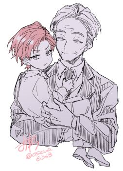 2boys adjusting_clothes adjusting_necktie age_difference black_necktie cale_henituse carrying carrying_person child child_carry closed_eyes closed_mouth collared_shirt commentary_request cropped_torso formal_clothes frown grey_hair highres jacket long_sleeves looking_at_viewer lout_of_count&#039;s_family male_focus multiple_boys necktie old old_man osewa6363 pants partially_colored red_hair ron_(lout_of_count&#039;s_family) shirt shoes short_hair simple_background smile suit upper_body white_background white_shirt