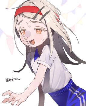 1girl @_@ blonde_hair blue_pants blush collared_shirt commentary cowboy_shot exhausted floating_hair furrowed_brow gakuen_idolmaster gym_shirt gym_uniform hair_ornament hairclip headband idolmaster long_hair nervous_smile ojou_(2jo_gk) open_mouth outstretched_hand pants pennant red_headband shinosawa_hiro shirt shirt_tucked_in short_sleeves simple_background smile solo sports_festival string_of_flags sweat symbol-only_commentary white_background white_shirt