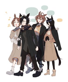 Rule 34 | 4girls, :d, absurdres, agnes tachyon (umamusume), ahoge, air shakur (umamusume), alternate costume, animal ears, ascot, belt, black coat, black gloves, black hair, black pants, black pantyhose, black shoes, black tail, blue scarf, brown hair, brown tail, buttons, capelet, clenched hands, closed eyes, closed mouth, coat, collared coat, collared shirt, ear ornament, earrings, expressionless, eyebrow piercing, face piercing, fine motion (umamusume), frilled sleeves, frills, full body, gloves, grey footwear, grey pants, grey shirt, hair between eyes, high heels, highres, holding another's arm, horse ears, horse girl, jacket, jacket on shoulders, jewelry, lip piercing, long skirt, long sleeves, manhattan cafe (umamusume), mary janes, medium hair, messy hair, mujintou png, multicolored hair, multiple girls, musical note, neck ribbon, open clothes, open coat, open mouth, own hands together, pants, pantyhose, parted bangs, piercing, plaid clothes, plaid scarf, red eyes, ribbon, scarf, shirt, shoes, short hair, sidelocks, simple background, single earring, skirt, smile, socks, speech bubble, spoken musical note, streaked hair, sweatdrop, two-tone hair, umamusume, white background, white gloves, white hair, white shirt, white socks, yellow eyes, yellow ribbon