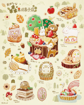 apple_pie cake cake_slice cheesecake commentary_request cookie food food_focus highres mushroom no_humans original pie pie_slice rabbit saku_sakuraba16 tart_(food) tree_stump