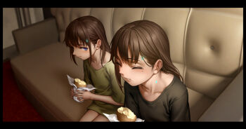 Rule 34 | 2girls, as109, black hair, blue eyes, blush, brown hair, collarbone, commentary request, couch, eating, female focus, fingernails, highres, legs together, long hair, mole, mole under eye, multiple girls, on couch, original, sitting, smile, twintails