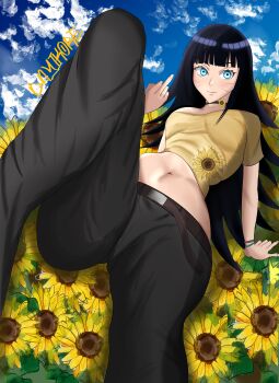 1girl absurdres artist_name black_hair black_pants blue_eyes blue_sky boruto:_two_blue_vortex breasts cloud cloudy_sky day dayikore flower hand_up highres hood long_hair looking_at_viewer middle_finger midriff naruto_(series) navel on_ground pants sky smile solo sunflower uzumaki_himawari yellow_flower
