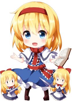 Rule 34 | 3girls, :d, alice margatroid, blonde hair, blue dress, blush, book, boots, brown boots, chibi, chibi only, dress, frilled dress, frills, hairband, highres, holding, holding book, multiple girls, open mouth, red hairband, red ribbon, ribbon, ruu (tksymkw), shanghai doll, short hair, short sleeves, simple background, smile, touhou, white background