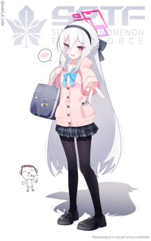 1boy 1girl bag bag_charm black_hairband black_pantyhose black_ribbon black_shoes blue_archive blue_bag blue_bow blue_bowtie blush bow bowtie bright_pupils cardigan charm_(object) collared_shirt commentary_request doodle_sensei_(blue_archive) double-parted_bangs embarrassed full_body grey_hair grey_skirt hair_between_eyes hair_ribbon hairband half_updo halo highres kei_(blue_archive) kei_(student)_(blue_archive) loafers long_hair long_hair_between_eyes looking_at_viewer murasame_(sword_of_nmkr) open_mouth pantyhose pink_cardigan pink_halo plaid_clothes plaid_skirt pleated_skirt rectangular_halo red_eyes ribbon school_bag school_uniform sensei_(blue_archive) shirt shoes skirt spoken_blush thighhighs v very_long_hair white_pupils white_shirt