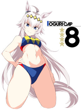 1girl ahoge animal_ears blue_eyes breasts character_name closed_mouth commentary_request grey_hair hand_on_own_hip horse_ears horse_girl horse_tail long_hair medium_breasts midriff navel oguri_cap_(umamusume) shigino_sohuzi simple_background smile solo tail thighs umamusume white_background