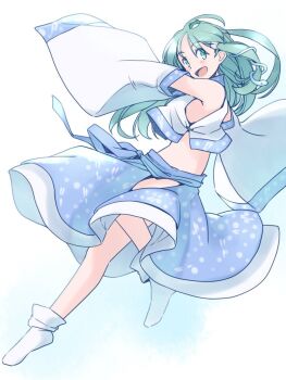 1girl :d blue_skirt breasts clothing_cutout commentary_request detached_sleeves frog_hair_ornament from_side green_eyes green_hair hair_ornament hair_tubes hip_vent kochiya_sanae light_blush long_hair long_sleeves looking_back medium_breasts midriff no_bra one-hour_drawing_challenge open_mouth petticoat rangycrow shirt single_hair_tube single_sidelock skirt smile snake_hair_ornament socks solo touhou white_background white_shirt white_socks