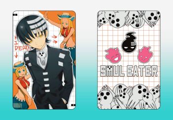 Rule 34 | 1boy, 2girls, black hair, black jacket, black pants, blonde hair, blue background, blue eyes, blue pants, catfish05, character name, closed mouth, copyright name, cowboy hat, death the kid, elizabeth thompson, gradient background, grid background, hands in pockets, hat, highres, jacket, long hair, long sleeves, looking at viewer, multiple girls, necktie, open mouth, pants, patricia thompson, short hair, siblings, simple background, sisters, skull brooch, smile, soul eater, standing, striped hair, white background, white necktie, yellow eyes