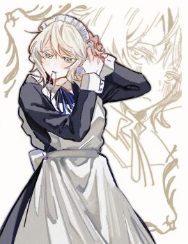 Rule 34 | 1girl, adjusting hair, alternate costume, apron, black dress, blue eyes, cowboy shot, dress, faust (project moon), hair tie in mouth, hand up, highres, limbus company, maid, maid apron, maid headdress, mouth hold, project moon, short hair, solo, waffle fish, white apron, white hair