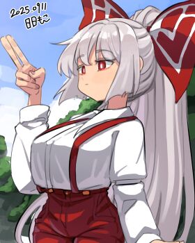 1girl :| absurdres bow bright_pupils closed_mouth collared_shirt commentary_request cowboy_shot dated finger_gun foliage fujiwara_no_mokou grey_hair hair_bow hand_up high_ponytail highres long_hair neophyte pants ponytail red_bow red_eyes red_pants red_suspenders shirt sky solo suspenders touhou very_long_hair white_bow white_pupils white_shirt wing_collar