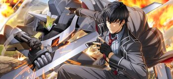 1boy black_gloves black_hair black_jacket black_pants code_geass code_geass:_lost_stories code_geass:_pule_almaria f4samurai game_cg gloves hakuba_soga highres jacket knightmare_frame looking_at_viewer male_focus mecha necktie official_art open_clothes pants red_eyes red_necktie robot short_hair sky solo