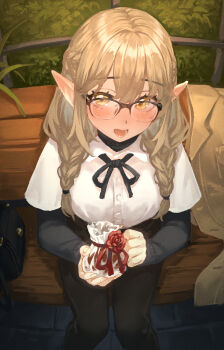 Rule 34 | 1girl, absurdres, bag, black pants, black ribbon, blonde hair, blush, braid, collared shirt, commentary, elf, english commentary, fairxw, feet out of frame, flower, from above, gift, glasses, hair over shoulder, handbag, highres, holding, holding gift, jacket, long hair, looking at viewer, low twin braids, neck ribbon, on bench, open mouth, original, pants, pointy ears, red flower, red ribbon, ribbon, shirt, sitting, solo, twin braids, undershirt, unworn jacket, valentine, white shirt, yellow eyes