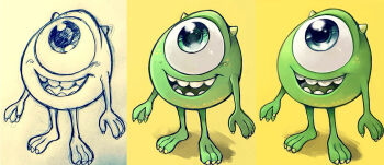 1boy animification blue_eyes colored_skin cyclops full_body green_eyes green_skin happy horns male_focus mike_wazowski monsters_inc. multiple_persona no_humans one-eyed open_mouth smile solo teeth yokotn