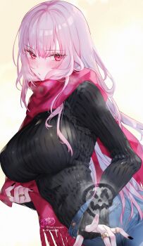 1girl absurdres alternate_costume black_nails blue_pants blunt_bangs breasts closed_mouth commentary denim enpera highres hololive hololive_english jeans jewelry kamiya_maneki large_breasts long_hair long_sleeves looking_at_viewer mori_calliope multiple_rings nail_polish pants pink_eyes pink_hair red_scarf ribbed_sweater ring scarf sidelocks solo straight_hair sweater sweater_tucked_in symbol-only_commentary turtleneck turtleneck_sweater upper_body virtual_youtuber