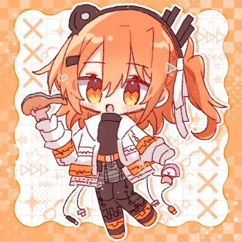 1girl a.i._voice adachi_rei belt black_pantyhose black_shirt cable chibi chibi_only full_body ganbaritaina_07 grey_skirt hair_ribbon highres jacket kirimichan. long_sleeves looking_at_viewer one_side_up open_clothes open_jacket open_mouth orange_belt orange_eyes orange_hair pantyhose ribbon sanrio shirt skirt solo standing utau white_jacket