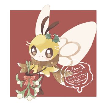 Rule 34 | antennae, border, brown eyes, closed mouth, commentary, gen 7 pokemon, highres, holding, holly, insect wings, mkt (buizu-miki), nintendo, no humans, pokemon, pokemon (creature), pokemon focus, red background, ribombee, scarf, smile, solo, twitter username, untranslatable commentary, white border, wings