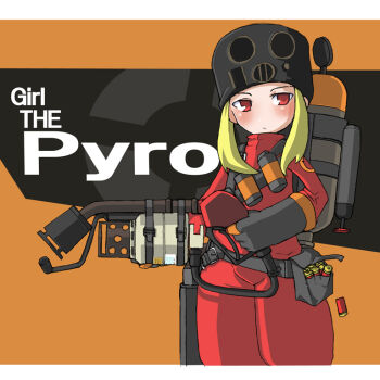 Rule 34 | 1girl, blonde hair, blush, bodysuit, bullet, english text, female focus, flamethrower, frown, gas mask, holding flamethrower, holding weapon, long hair, mask, mr kunimitsu, pyro (tf2), red eyes, red pyro (tf2), solo, team fortress 2, weapon