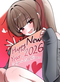 1girl alternate_costume black_nails black_survival brown_hair commentary_request english_text estelle_(black_survival) eternal_return:_black_survival highres korean_commentary looking_at_viewer moonb3702 red_eyes smile solo thighs