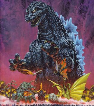 Rule 34 | absurdres, banpresto, battra, biollante, blue eyes, bug, building, butterfly, caterpillar, city, claws, conjoined, dinosaur, dragon, dust, epic, explosion, extra mouth, fire, flying, glowing, glowing eyes, glowing spikes, godzilla, godzilla (arcade game), godzilla (series), godzilla vs. biollante, godzilla vs. king ghidorah, godzilla vs. mothra, highres, horns, hydra, insect, kaida yuji, kaiju, king ghidorah, mandibles, moth, mothra, multiple heads, no humans, no pupils, official art, open mouth, pincers, pink sky, plant, promotional art, red eyes, roaring, sharp teeth, single horn, sky, skyscraper, smoke, spikes, stinger, teeth, tentacles, toho, tusks, vines, white eyes, wings