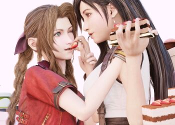 2girls 3d aerith_gainsborough artist_request black_hair bracelet braid brown_hair cake earrings feeding final_fantasy final_fantasy_vii final_fantasy_vii_remake food green_eyes hair_ribbon highres jacket jewelry long_hair multiple_girls one_eye_closed parted_bangs parted_lips pink_ribbon red_eyes red_jacket ribbon shirt sidelocks sohaa spoon square_enix strawberry_cake suspenders tifa_lockhart upper_body white_shirt wink