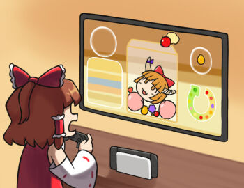 1girl bow brown_hair commentary_request controller detached_sleeves edgycat game_controller hair_bow hair_tubes hakurei_reimu half_updo ibuki_suika long_sleeves open_mouth playing_games pun short_hair solo suika_game television touhou yukkuri_shiteitte_ne