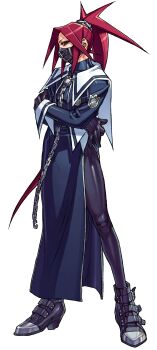 Rule 34 | 1girl, absurdres, black boots, boots, capelet, chain, crossed arms, edaki shin'ya, full body, game cg, gloves, hand on own arm, hand on own hip, highres, zaki (justice gakuen), holding, holding chain, justice gakuen, leather strap, long hair, mask, moero! justice gakuen, mouth mask, non-web source, official art, ponytail, red hair, school uniform, side slit, simple background, solo, spandex, standing, white background, white capelet