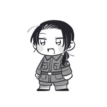 1boy armband axis_powers_hetalia baggy_pants bandaged_leg bandages belt blush_stickers breast_pocket chibi chibi_only china_(hetalia) clenched_hands collared_jacket fang full_body greyscale highres jacket long_hair long_sleeves looking_ahead low_ponytail male_focus mi_aph_to military military_jacket military_uniform monochrome open_mouth pants pocket ponytail shoes sidelocks simple_background smile solo standing star_(symbol) star_print