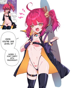 1girl absurdres ahoge bandeau belt belt_buckle black_bandeau black_belt black_choker black_jacket black_panties black_thighhighs blush breasts bridal_gauntlets buckle choker commentary cowboy_shot disgust double-parted_bangs english_commentary english_text fang gluteal_fold hair_between_eyes hand_to_own_mouth highleg highleg_panties highres jacket looking_at_viewer medium_hair open_clothes open_jacket open_mouth original panties petite pink_hair purple_bridal_gauntlets rayno redrawn reference_inset revealing_clothes simple_background small_breasts solo_focus speech_bubble stomach talking thigh_belt thigh_strap thighhighs underwear white_background yellow_eyes