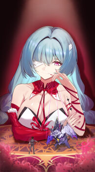 1girl absurdres bandage_over_one_eye bare_shoulders braid breasts cleavage closed_mouth detached_sleeves fingernails flower grey_hair halterneck hand_up highres large_breasts long_hair looking_down low_twin_braids male_rover_(wuthering_waves) missing_commentary nail_polish phrolova_(wuthering_waves) puppet_strings qishier_shi_ya_tuo red_eyes red_flower red_nails rover_(wuthering_waves) single_detached_sleeve smile solo spider_lily tacet_discord_(wuthering_waves) tacet_mark_(wuthering_waves) twin_braids wuthering_waves