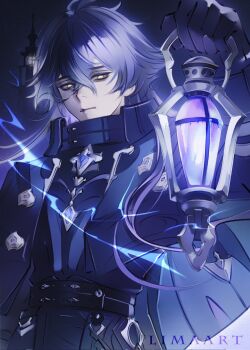 Rule 34 | 1boy, artist name, blue hair, closed mouth, flins (genshin impact), genshin impact, highres, holding, holding lantern, lantern, limaart, long hair, male focus, pale skin, purple light, solo, upper body, yellow eyes
