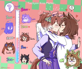 6+girls :d :o ? ^_^ agnes_tachyon_(umamusume) ahoge animal_ears arms_around_neck black_hair blush bow bowtie brown_hair closed_eyes commentary_request daiwa_scarlet_(umamusume) dantsu_flame_(umamusume) ear_covers earrings face-to-face flying_sweatdrops fuji_kiseki_(umamusume) gloom_(expression) gradient_hair hair_between_eyes hairband highres horse_ears horse_girl horse_tail huge_ahoge jewelry jungle_pocket_(umamusume) kiss kiss_meter_(meme) korean_commentary korean_text lab_coat long_sleeves manhattan_cafe_(umamusume) mazu1kan medium_hair meme multicolored_hair multiple_girls musical_note open_mouth pink_background pink_hairband pleated_skirt purple_shirt purple_skirt red_eyes school_uniform shirt single_earring skirt sleeves_past_fingers sleeves_past_wrists smile spoken_musical_note sweat tail test_tube tracen_school_uniform twintails twitter_username umamusume white_bow white_bowtie white_hair