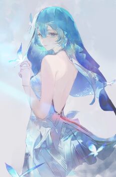 1girl absurdres bare_shoulders blue_butterfly blue_dress blue_hair blue_veil breasts bug butterfly butterfly_on_hand commentary_request cowboy_shot dress hair_between_eyes hand_up highres insect long_hair looking_at_viewer looking_to_the_side medium_breasts ritalem shorekeeper_(wuthering_waves) solo turning_head two-tone_veil veil white_veil wuthering_waves