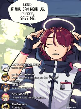 1boy 5girls absurdres arknights arktexasisms artist_name black_gloves car_interior chibi chibi_inset closed_eyes commentary croissant_(arknights) donald_trump_please_save_us_(meme) emperor_(arknights) english_commentary english_text exusiai_(arknights) fingerless_gloves gloves hair_over_one_eye halo hands_up highres jacket lappland_(arknights) meme multiple_girls name_tag open_mouth red_hair short_hair short_sleeves signature sitting sora_(arknights) speech_bubble steering_wheel teeth texas_(arknights) upper_body user_interface white_jacket