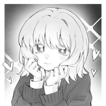 Rule 34 | 1boy, bright pupils, cardigan, chinese commentary, clenched hands, collared shirt, commentary request, dress shirt, greyscale, hands on own cheeks, hands on own face, heart, highres, looking at viewer, monochrome, necktie, portrait, saihate eki, shirt, short hair, smile, solo, tatsunami shion, xinjinjumin8725928