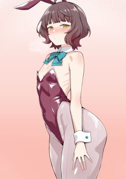 1girl animal_ear_hairband animal_ears aqua_bow aqua_bowtie blush bow bowtie brown_eyes brown_hair brown_leotard commentary_request cowboy_shot detached_collar fake_animal_ears gradient_background grey_pantyhose hairband highleg highleg_leotard highres kantai_collection kishinami_(kancolle) leotard looking_at_viewer nose_blush pantyhose pink_background playboy_bunny rabbit_ears rakutosu short_hair solo strapless strapless_leotard wrist_cuffs