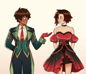 1boy 1girl bare_shoulders black_jacket black_pants brown_hair chantaldraw character_request collared_shirt commentary detached_sleeves dress english_commentary flower freckles gloves green_vest jacket looking_at_another necktie open_clothes open_jacket pants puffy_short_sleeves puffy_sleeves red_dress red_flower red_gloves red_hair red_necktie red_rose rose ruby_rose rwby shirt short_hair short_sleeves simple_background smile teeth vest white_background white_shirt