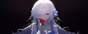 1girl absurdres black_background blue_eyes blue_hair dress flower hair_over_one_eye highres holding holding_flower isekaijoucho kamitsubaki_studio light_smile looking_at_viewer multicolored_hair red_flower red_rose riai_kurumi rose solo two-tone_hair upper_body virtual_youtuber white_hair
