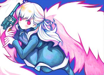 1girl angel_wings angelos_armas blue_background dress expressionless feathered_wings gun hair_between_eyes hair_pulled_back hair_ribbon handgun henri holding holding_weapon long_hair long_sleeves mauser_c96 nitroplus pantyhose pink_hair ribbon sakusankarmin short_dress solo weapon white_hair white_wings wings