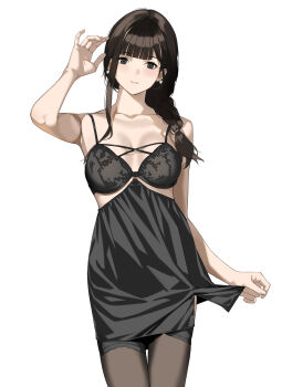 1girl absurdres arm_up black_bra black_thighhighs blunt_bangs bra braid breasts brown_eyes brown_hair closed_mouth commentary_request earrings hair_over_shoulder highres jewelry long_hair looking_at_viewer medium_breasts no_shirt original simple_background solo standing thighhighs underwear yykuaixian