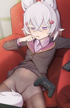 1girl absurdres animal_ear_fluff animal_ears black_jacket brown_pantyhose chachironi3 chair collared_shirt controller dualshock fox_ears fox_girl fox_tail game_controller gamepad highres jacket loli no_pants official_alternate_costume on_chair open_mouth pantyhose phase_connect playstation_controller purple_eyes purple_shirt remote_control shirt solo striped_clothes striped_shirt tail tenma_maemi tenma_maemi_(office_lady) thick_eyebrows virtual_youtuber waking_up white_hair