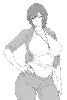 1girl breasts closed_mouth commentary_request cowboy_shot cropped_jacket greyscale gym_teacher hand_on_own_hip highleg highleg_panties large_breasts looking_at_viewer medium_hair monochrome navel original panties pants ranhatu sketch solo underwear whistle whistle_around_neck